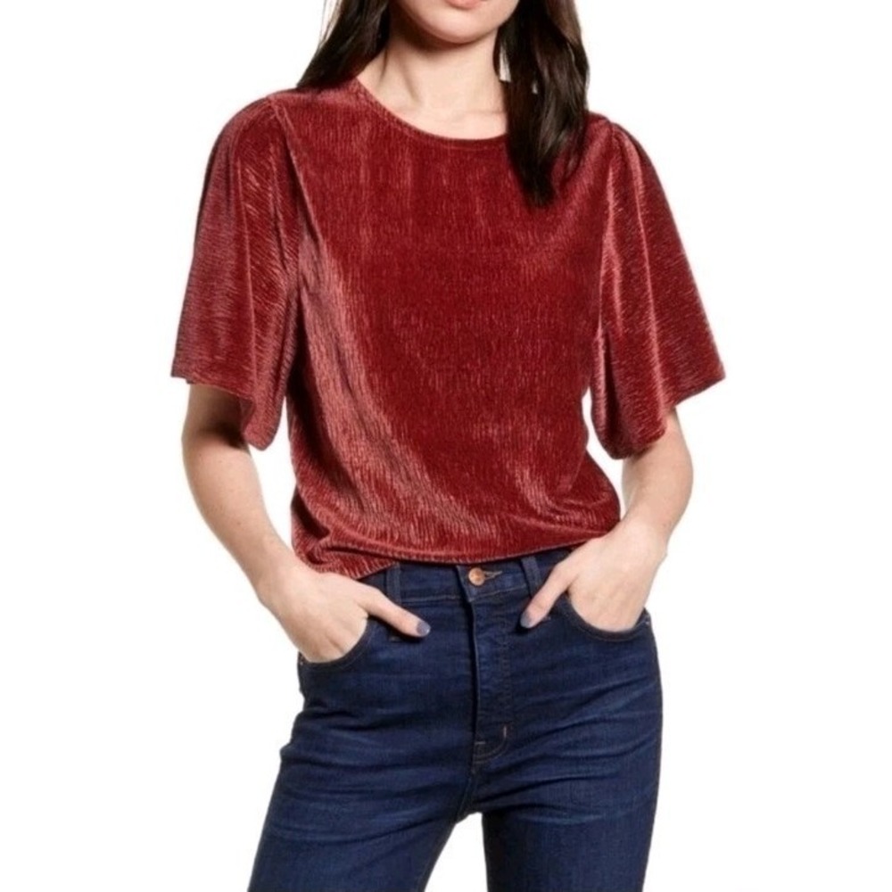 Madewell Texture & Thread MEDIUM Velvet Short‎ Sleeve Pullover Blouse Burgundy